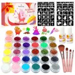 Temporary Glitter Tattoo Kids, Eleanore's Diary 31 Glitter Colors,165 Unique Stencils,2 Glue,4 Brushes,Adults & Kids Art Glitter Make Up Kit, Gif
