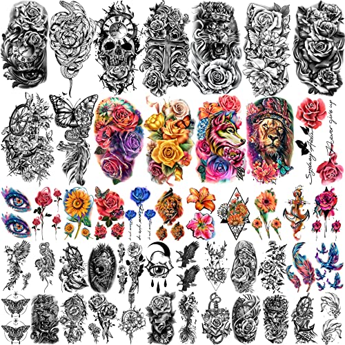 Metuu 49 Sheets Black Half Sleeve Waterproof Temporary Tattoo for Adult Men and Women, 3D Flower Animal Fake Tattoo Stickers for Teen Girls Body