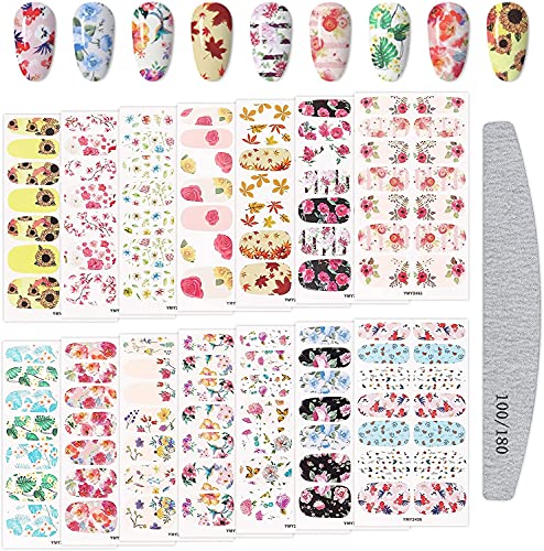 Kalolary Full Wraps Nail Polish Stickers, 14 Sheets Flowers Nail Stickers Decals Nail Design Stickers Colorful Flower Print Self-Adhesive with Na