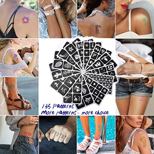 Glitter Tattoos Kit,Temporary Tattoo Set-24 Colors Glitter,135 Unique Stencil Body Nail Glitter Art Paint Birthday Party Gift for Girls Kids Teen