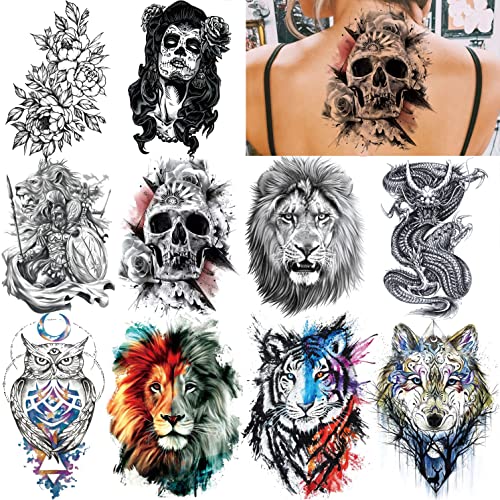 EGMBGM 53 Sheets Large Realistic Tiger Dragon Lion Owl Temporary Tattoos For Women Thigh Men Arm Adult, Half Sleeve Halloween Skull Fake Tattoo S