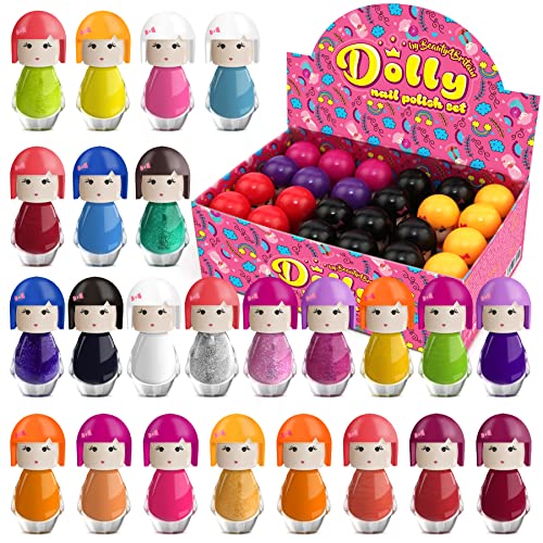 Dolly Nail Polish Set 24 Modern Colours Doll-Shaped Bottles Non-Toxic Strawberry Scented Water-based Peel-Off (Set B)