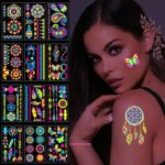 10 Sheets Neon Face Paints Glow in Dark Temporary Tattoos for Kids Women Face Flitter Festival Accessories Neon Party Supplies Rave Accessories H