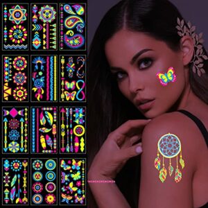 10 Sheets Neon Face Paints Glow in Dark Temporary Tattoos for Kids Women Face Flitter Festival Accessories Neon Party Supplies Rave Accessories H