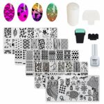 AIMEILI Nail Art Stamping Templates Manicure Tool Kit 5Pcs Nail Stamping Plates, 2 Stamper, 2 Scraper, 1 Latex Peel Off Tape