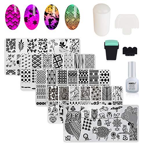 AIMEILI Nail Art Stamping Templates Manicure Tool Kit 5Pcs Nail Stamping Plates, 2 Stamper, 2 Scraper, 1 Latex Peel Off Tape