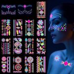 Scettar 15 Sheets Neon Temporary Tattoo, 200+UV Blacklight Neon Glow Fake Tattoos Multiple Designs Glow in the Dark Neon Tattoos Rave Festival Ac