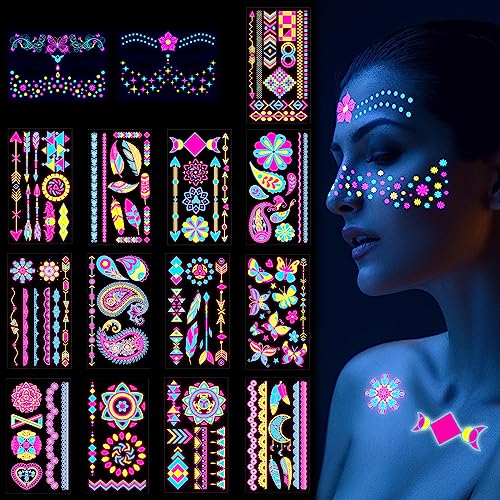 Scettar 15 Sheets Neon Temporary Tattoo, 200+UV Blacklight Neon Glow Fake Tattoos Multiple Designs Glow in the Dark Neon Tattoos Rave Festival Ac