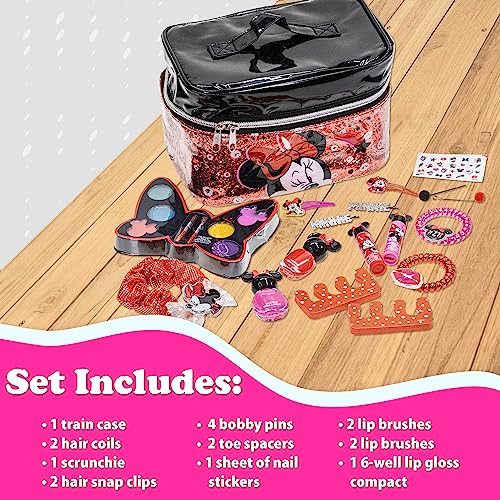 Disney Minnie Mouse - Townley Girl Zipper Cosmetic Train Case With Lip Gloss, Lip Balm, Hair Clips, Nail Stickers, Scrunchie and More, Ages 3+, f