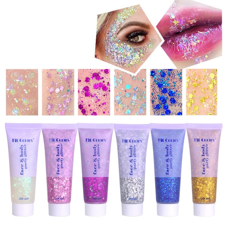 Body Glitter Gel, 50ML Face Glitters Body Gel Sequins Shimmer Liquid Eyeshadow, Mermaid Sequins Liquid Holographic Glitter Gel, Chunky Glitter fo