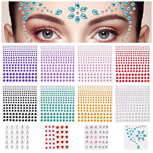 URAQT Face Gems Glitter, 12 Sheets Face Gems Mermaid Jewels Rhinestones Stickers Set, Self-adhesive Crystal Rainbow Tears Gem Stones Stickers Eye