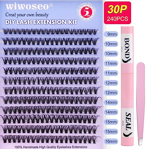 DIY Lash Extension Kit Cluster Lashes 240pcs Lash Cluster Individual Eyelash Extension Kit Natural D Curl Cluster Lash with Lash Bond and Seal, A