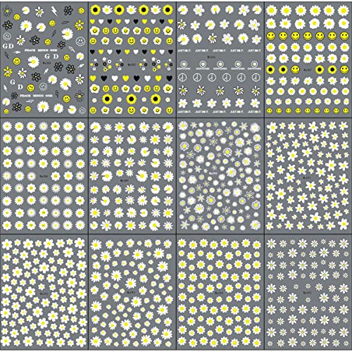 12 Sheets Spring Daisy Sunflower Nail Art Stickers Decals Self Adhesive Cute Summer White Yellow Flowers Floral Design Manicure Tips Nail Decorat