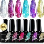 Morovan Gel Nail Polish Set - 6 Colors Gel Nail Polish Glitter Silver Gold Soak-Off UV Gel Nail Polish Kit for DIY Nail Manicure Kit in Gift Box