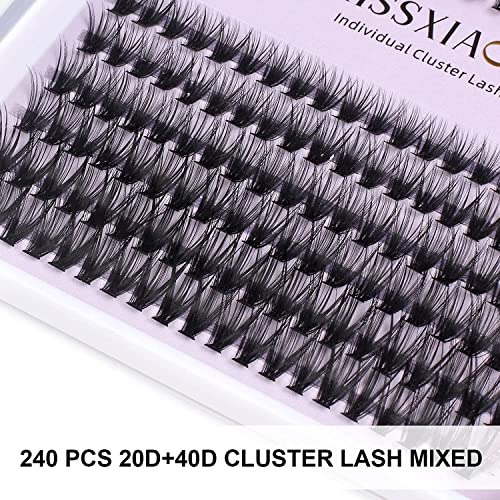 Cluster Eyelashes Extensions Kit, 240 Pcs 20D+40D 9-14mm 0.07D Curl Mixed Individual DIY Lashes with Lash Bond & Seal and Applicator,Cluster Lash
