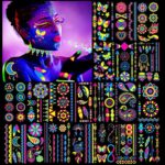 HOWAF 20 Sheet Neon Temporary Tattoos, Neon Tattoos Glow In The Dark Tattoos UV Tattoos Neon Waterproof Tattoo Stickers Fake Tattoos Glow In The