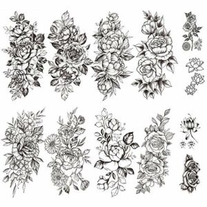 Yesallwas 12 Sheets Black Flower Tattoo Sleeves Temporary Tattoo Water Transfer Tattoo Sticker Peony Rose Tattoos Tattoo Girl Sexy Arm Tatto Body