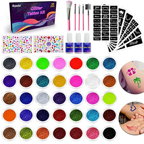 Roizefar Glitter Tattoos for Kids - 35 Colours Glitter Tattoos with 144 Templates, Non-toxic Temporary Glitter Tattoos Kit, Flash Body Make-up fo