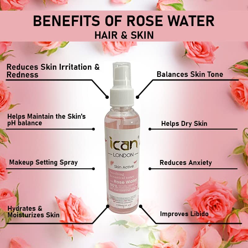 ICAN LONDON SKIN ACTIVE SOOTHING BOTANICALS 100% PURE ROSE WATER MIST SPRAY 150ML PINK