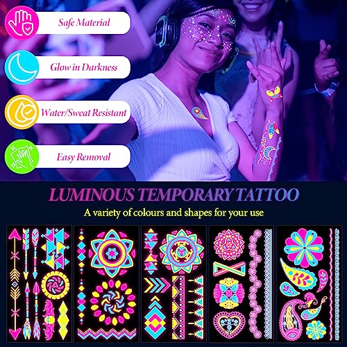 Scettar 15 Sheets Neon Temporary Tattoo, 200+UV Blacklight Neon Glow Fake Tattoos Multiple Designs Glow in the Dark Neon Tattoos Rave Festival Ac
