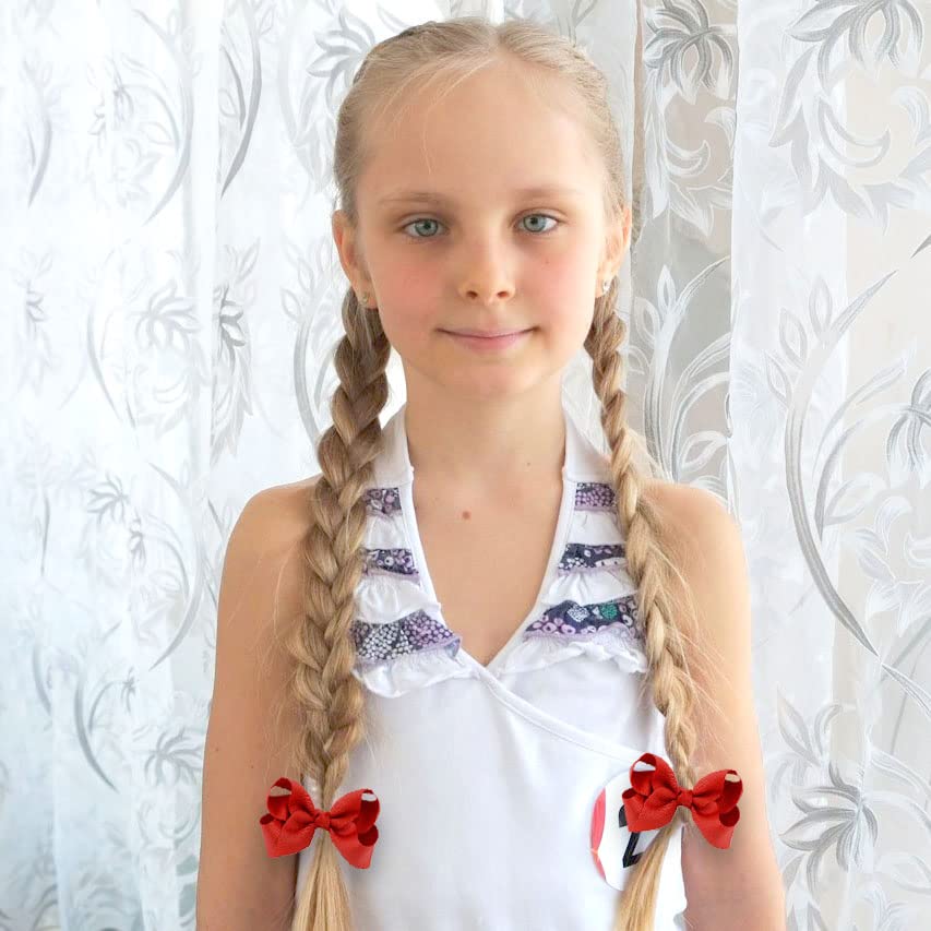 Jeffan 12 PCS Ribbon Hair Bows 3 Inch Cheerleading Alligator Clips Accessories for School Girls Toddlers (Red)