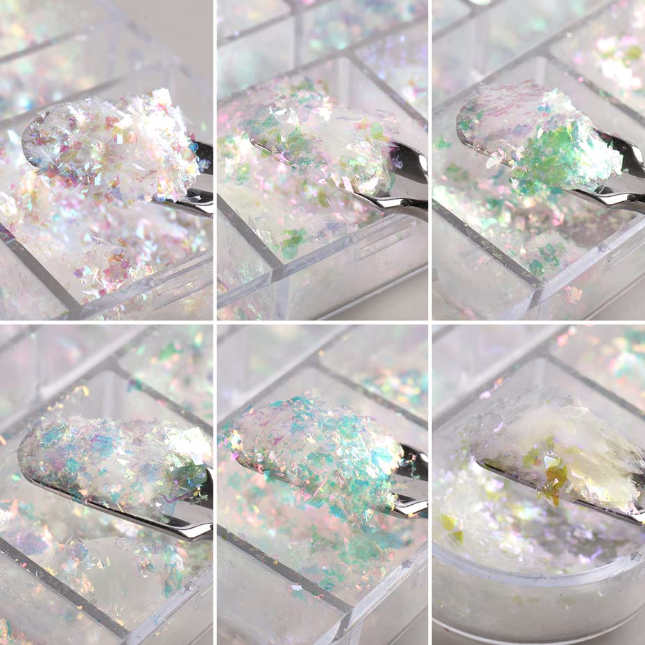 Holographic Nail Art Glitter Iridescent Flakes Nail Foil 12 Grids Mermaid Bright Colorful Star Gradient Ice Slag Nail Sequins Paillettes Summer N