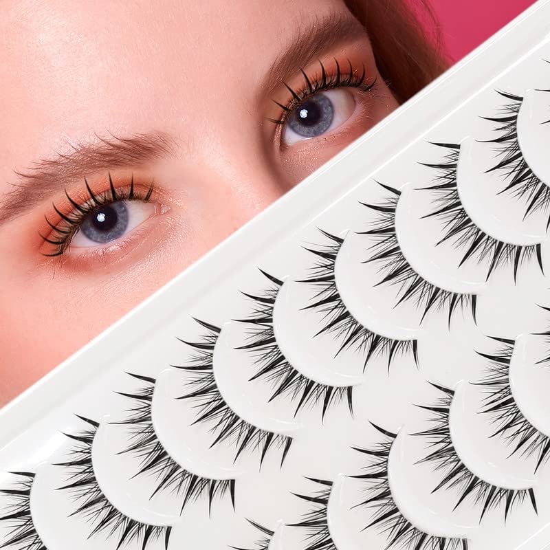 EMEDA 10 Pair Manga Lashes 5 Styles Mixed Anime Lashes 100% Handmade Transparent Band Manga Eyelashes Natural Look Spiky Manga Lashes Wispy Hybri
