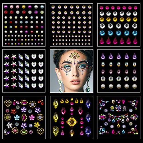 Face Gems-Face Jewels, 8 Sheets Eye Body Face Gems Jewels Rhinestones Stickers, Self-Adhesive Gems for Crafts, Stick on Gems for Body Art Eye Nai