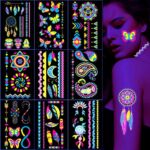 Neon Temporary Tattoo - 120+ Assorted Designs Glow in the Dark Neon Temporary Tattoo, UV Blacklight Neon Glow Fake Tattoos Rave Festival Accessor