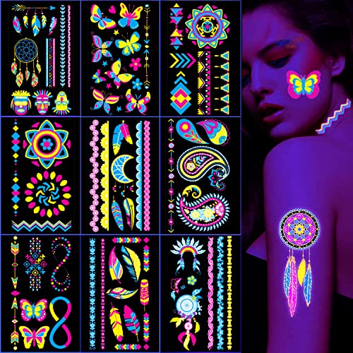 Neon Temporary Tattoo - 120+ Assorted Designs Glow in the Dark Neon Temporary Tattoo, UV Blacklight Neon Glow Fake Tattoos Rave Festival Accessor