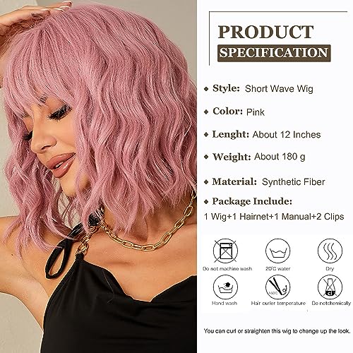 Esmee Short Wave Pink Bob Wigs With Bangs Shoulder Length Wig Curly Wavy Synthetic Cosplay Wigs for Women-12 Inches