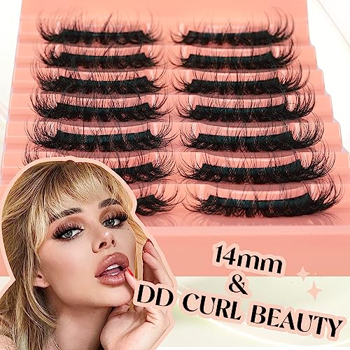 False Eyelashes Cat Eye Lashes 14mm DD Curl Russian Lashes Natural Strip Lashes Fluffy Eyelashes Russian Strip Lash Volume Fake Lashes 7 Pairs by