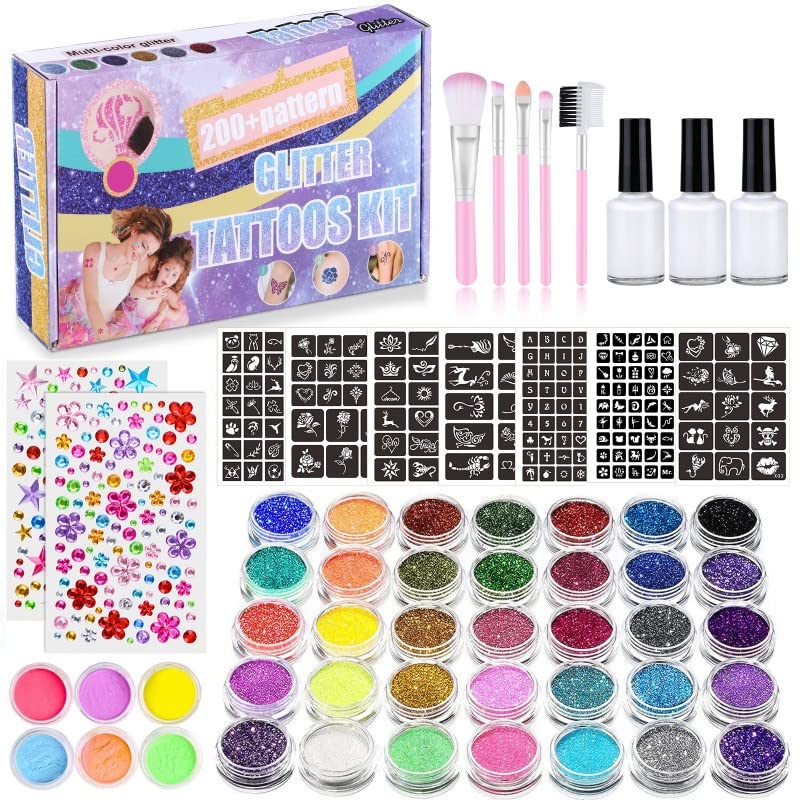Glitter Tattoos for Kids, Girls Temporary Glitter Tattoo Kit, 41 Colours Glitter 215 Rhinestones 204 Stencils 3 Glue 5 Brushes Waterproof Tattoos