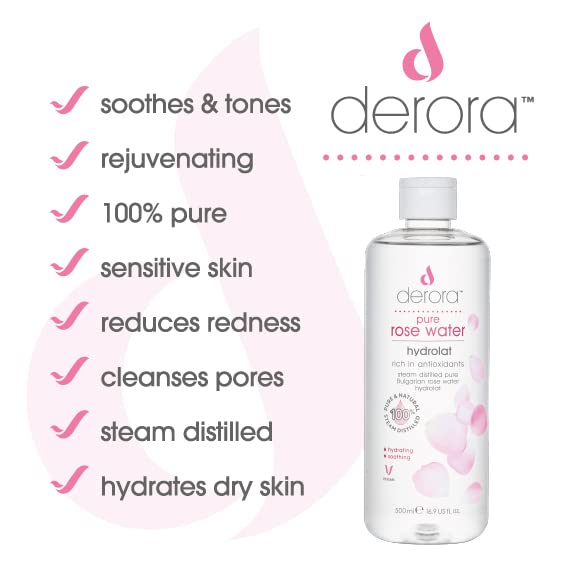 Pure Rose Water by Derora - 100% Pure & Natural Hydrolat Spray | Skincare for Soothing & Hydrating The Skin, Face & Hair | Vegan & Cruelty Free (