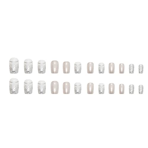 JUSTOTRY 24 Pcs Glitter Square False Nails Medium,Silvery French Press on Nails Pattern, Easy Fake Nails Short with Nail Glue, Stick on Nails for