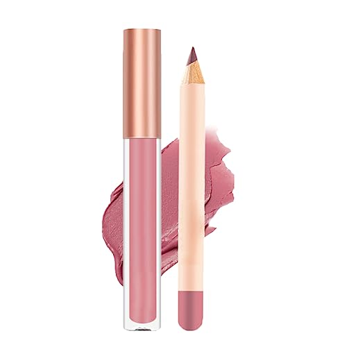 Nude Liquid Lipgloss - Lip Liner and Lipstick Set - Non-Sticky Long Lasting Waterproof Lip Stain - Highly Pigment Lip Stick & Lipliner Pencil - L