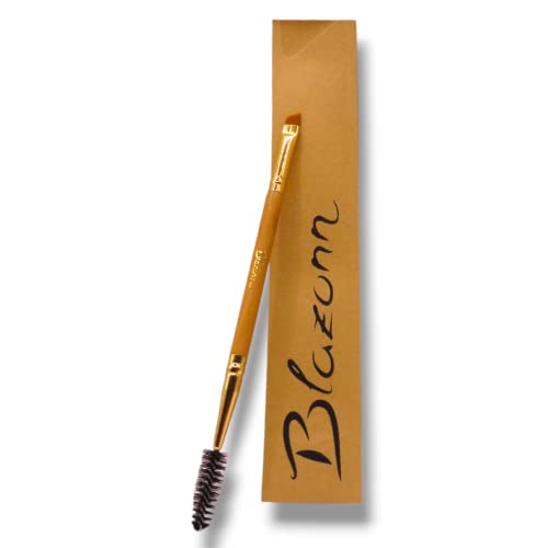 Blazonn Eyebrow Brush, Bamboo Handle and Spoolie 2in1 Angled Brush, Use with Gel, Cream or Powder, for Lining and Shaping Brows and Eyelashes, Ve