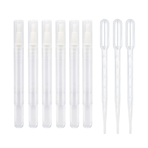 6pcs 3ml Empty Cuticle Oil Pen with 3pcs Pipettes Transparent Twist Pens Nail Oil Pen with Brush Tip Cosmetic Container Applicators for Homemade