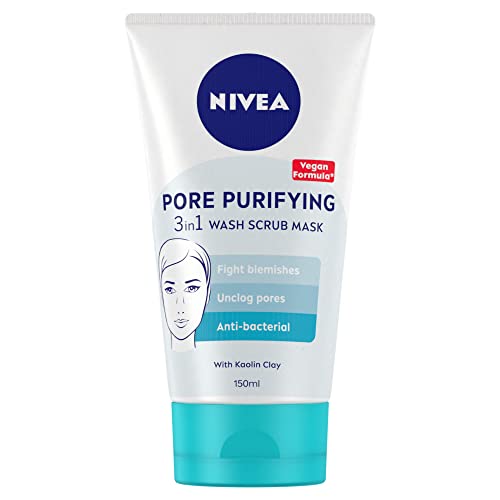 NIVEA 3-in-1 Wash Scrub Mask (150ml), All in One Face Scrub, Face Wash and Face Mask With Natural Magnolia Extract & White Clay, Unclog Pores, Pr