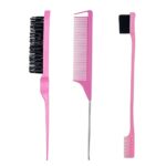 3 Pieces Hair Styling Comb Set Teasing Hair Brush Rat Tail Comb Edge Brush for Edge&Back Brushing, Combing, Slicking Hair for Women (pink)