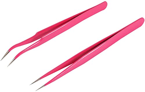 Geviro 2 Pieces Nail Art Tweezers Straight and Curved Tip Tweezers False Eyelash Rhinestone Picker Pointed Tweezers Makeup Tools
