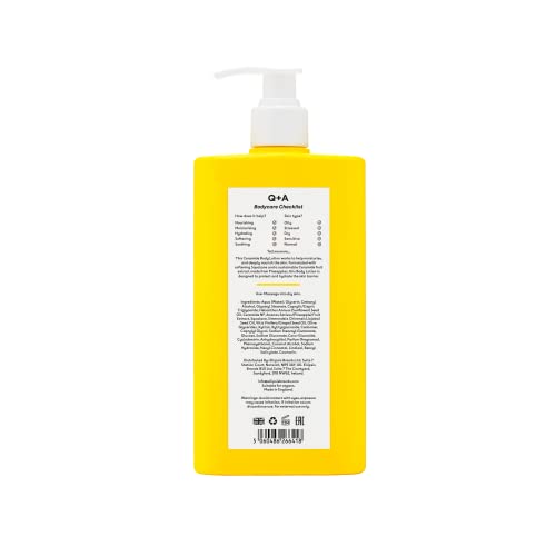 Q+A Ceramide Body Lotion, for Nourishing body care with Squalane, Pineapple Ceramides, and a barrier-protecting Sugar Complex, provides the deep