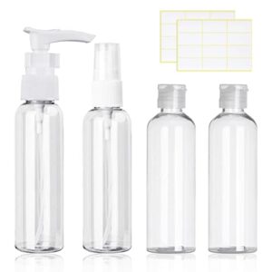4-Pack 100ML Clear Travel Bottle Set, Spray Bottles,Refillable Liquid Containers for Lotion, Body Wash, Shampoo with 2 Pcs Labels