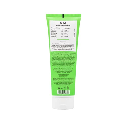 Q+A AHA Exfoliator Body Scrub for Rejuvenating Body Care, a blend of AHA’s Lactic Acid and Glycolic Acid combined with exfoliants, improves skin
