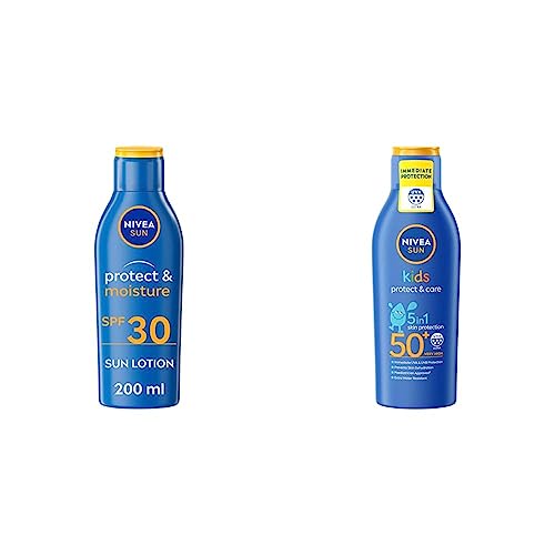 NIVEA SUN Protect & Moisture Sun Lotion SPF 30 (200ml), NIVEA sun cream SPF 30 & SUN Kids Moisturising Sun Lotion SPF50+ (200 ml), Moisturising S