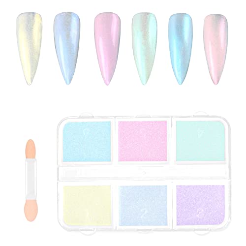 URAQT Chrome Nail Powder, 6Pcs Holographic Pearl Nail Powder, Ice Mermaid Aurora Nail Art Pigment Powder with 2 Sponge Brush, Mirror Effect Pigme