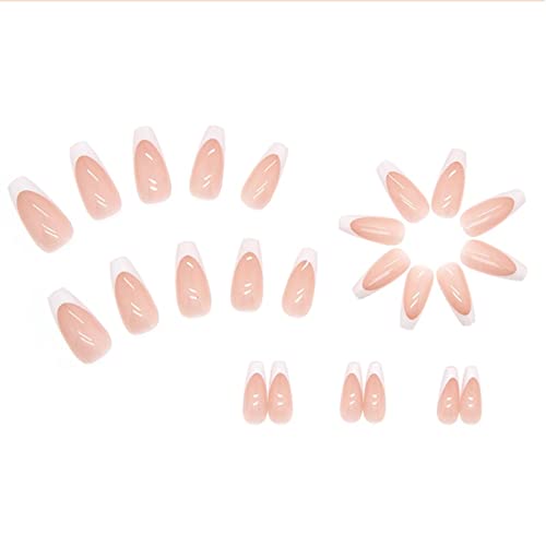 RUNRAYAY Medium Length French Tips Press on Nails with Designs, Nude White Acrylic Nails Press On, Stick on Nails for Women, Glue on Nails Fake N