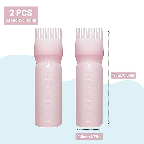 Shakeel 2 Pcs Hair Oil Applicator Bottle Hair Dye Brush Bottle for Hair 120ML Squeeze Comb Applicator Bottle with Graduated Scale (Pink)