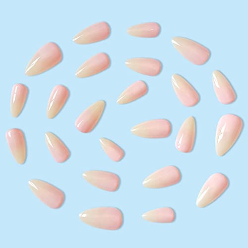 JUSTOTRY 24 Pcs Nude Short False Nails Almond,Gradient Pink Press on Nails Pattern,Glossy Fake Nails Short with Nail Glue,Oval Stick on Nails for