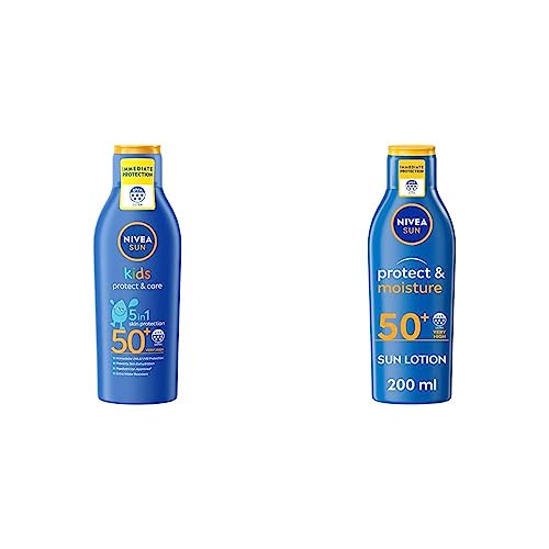NIVEA SUN Kids Moisturising Sun Lotion SPF50+ (200 ml), Moisturising Suncream with SPF50+ & SUN Protect & Moisture Lotion SPF50+ (200ml), Moistur
